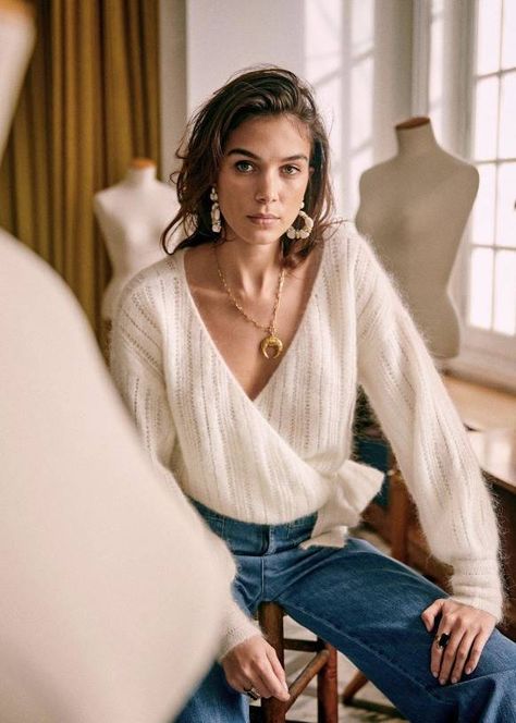 Sézane Knitwear Is Trending—Here Are 14 Pieces We Love | Who What Wear UK Spring Knitwear, Mohair Jumpers, Summer Capsule, French Girl Style, French Brands, Wrap Sweater, Light Blue Denim, French Girl, Fashion Editor