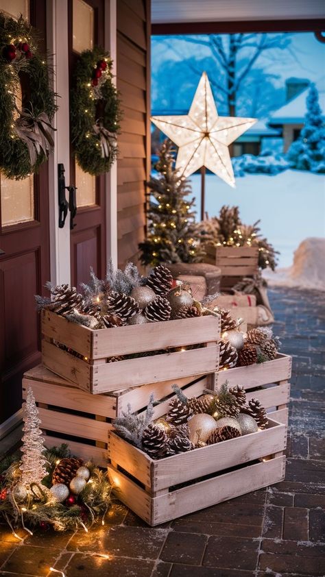 Christmas Decoration Ideas Outdoor, Neutral Outdoor Christmas Decor, Natural Christmas Porch Decor, Christmas Entrance Decor, Christmas Decoration Outdoor, Outdoor Winter Decor, Christmas Restaurant, Christmas Entrance, Winter Porch Decor