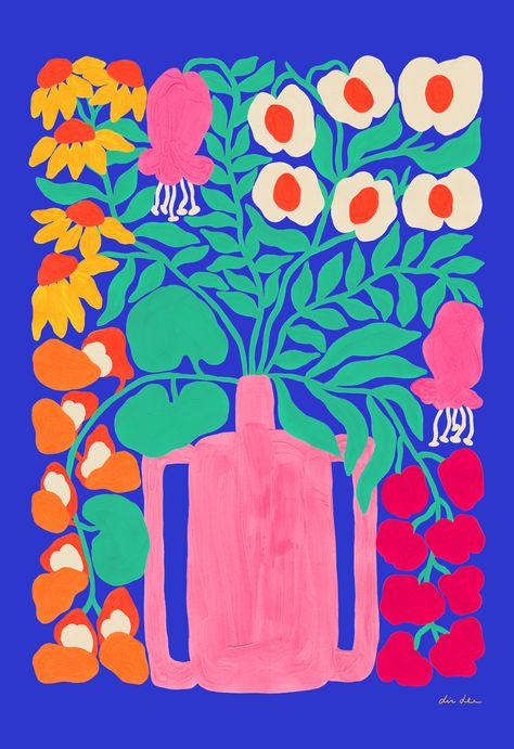 My Blushing print with bright flowers in a dusty pink vase, produced as an archival quality, giclée print through @evermade Flowers Poster Design, Bright Prints, Flower Vase Illustration, Vase Illustration, Graffiti Flowers, Flower Boquet, Pink Vase, Plant Painting, Bright Flowers