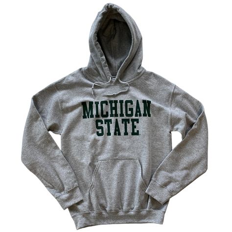 Head-on view of light gray hooded sweatshirt with large front pocket. Across center chest, green block letters read Michigan State Michigan State University, Michigan State, Grey Hoodie, Things To Buy, Hooded Sweatshirt, Hooded Sweatshirts, Michigan, Inside Out, Casual Fashion