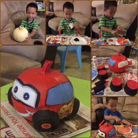 Monster Truck Pumpkin Painting, Lightning Mcqueen Pumpkin Painting, Mcqueen Pumpkin Painting, Painting Ideas Lightning, Lightning Mcqueen Pumpkin, Pumpkin Competition, Book Character Pumpkins, Pumpkin Decorating Diy, Character Pumpkins