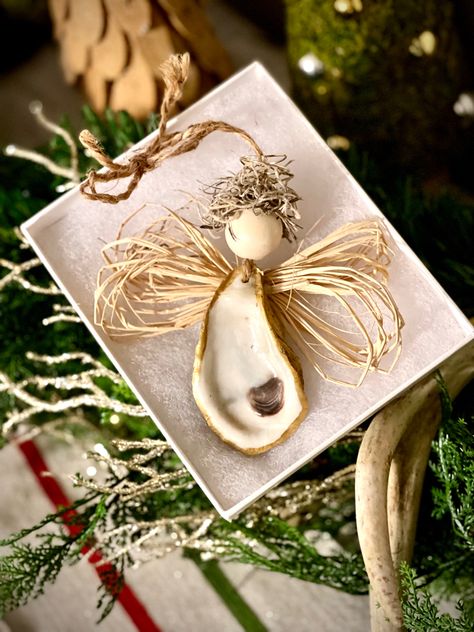 Oyster ornament with wings and halo Oyster Shell Angel Ornaments, Womens Gathering, Oyster Angel, Seashell Angels, Oyster Crafts, Sea Stuff, Oyster Art, Seashell Christmas Ornaments, Oyster Ornament