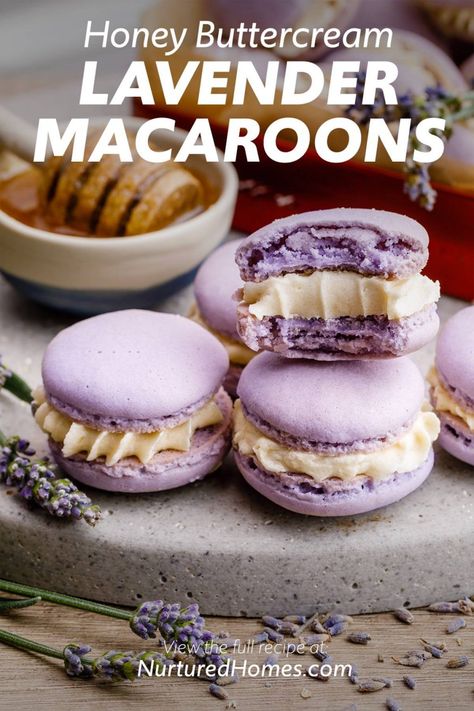 Lavender Dessert Recipes, Lavender Dessert, Honey Buttercream, French Macaroon Recipes, Macaron Recipes, Lavender Macarons, Baking Lessons, Macaroons Recipe, Lavender Recipes