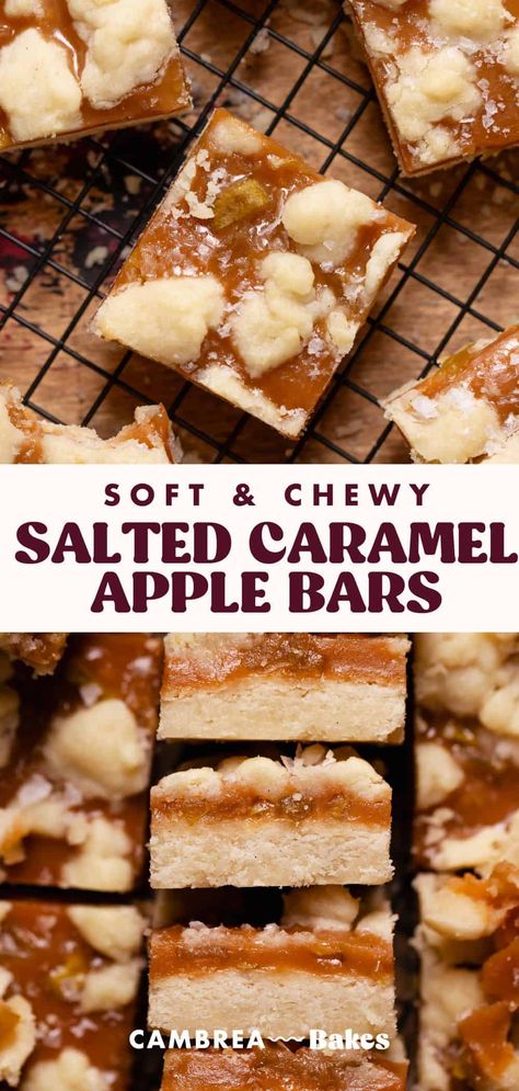 Tender apples, chewy caramel, and a buttery shortbread crust come together in these salted caramel apple bars. The perfect combination of sweet and salty, these bars are a must-bake for fall! Salted Caramel Bars, Caramel Apple Bars, Apple Cinnamon Cake, Chewy Caramel, Apple Bars, Fall Baking Recipes, Toffee Bars, Buttery Shortbread, Shortbread Bars