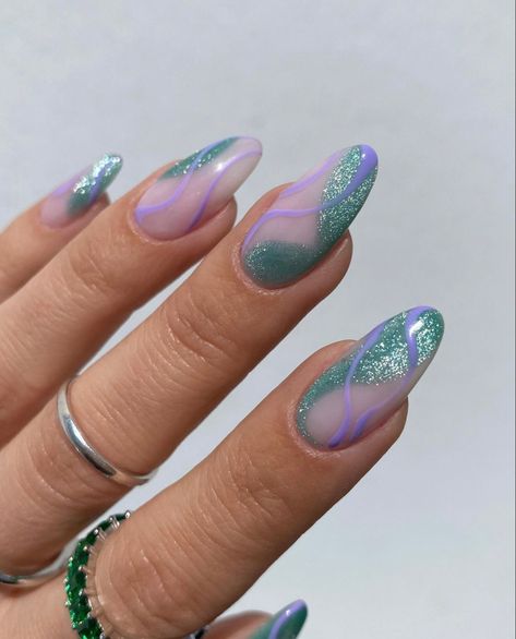 Green And Purple Nail Designs, Purple And Teal Nails, Bougie Nails, Little Mermaid Nails, Aqua Nails, Purple Nail, Mermaid Nails, Girls Nails, Fabulous Nails