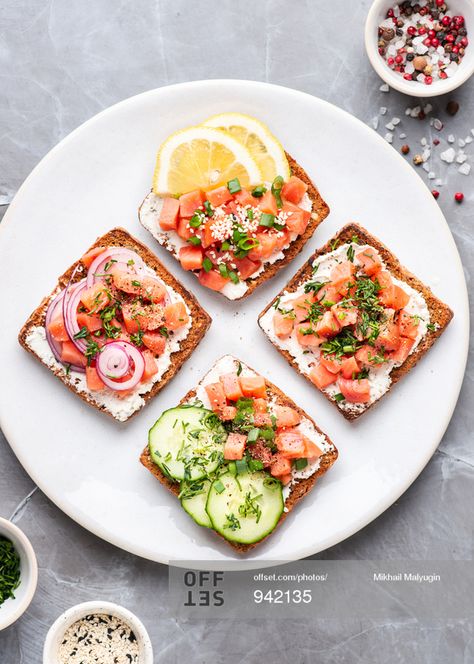 Overhead view of plate with open faced sandwiches with fish, vegetables and cream cheese stock photo - OFFSET Open Faced Sandwiches, Open Faced Sandwich, Food Photo, Stock Photography, Cream Cheese, Food Photography, Sandwiches, Cheese, Fish