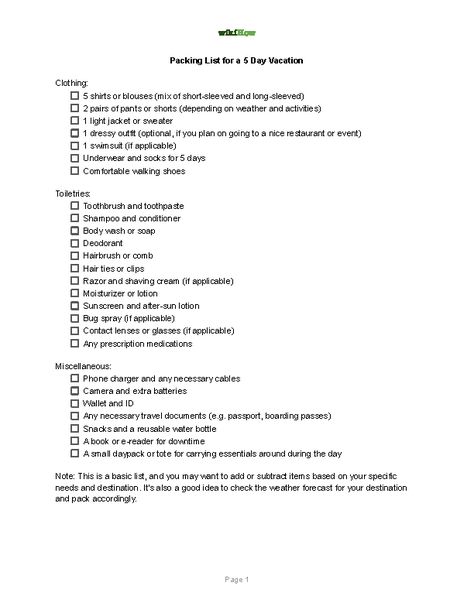 Sample Packing List for a 5 Day Vacation - wikiHow 5 Day Vacation Packing List, Packing List For Vacation, Sun Lotion, Bug Spray, Vacation Packing, Packing List For Travel, Packing Tips For Travel, Shaving Cream, Vacation Outfits