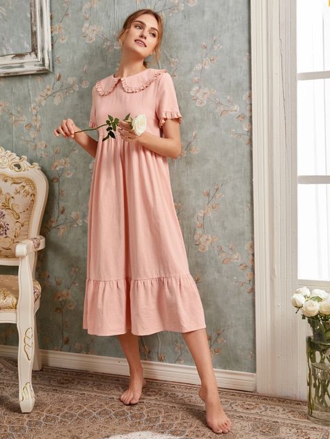 Peter-pan Collar Frill Trim Flare Dress | SHEIN USA Latest Baby Dress, New Dress Pattern, Peter Pan Dress, Collar Dresses, Big Girl Dresses, Skirts Outfits, Rosa Coral, Frock Fashion, Frock Patterns