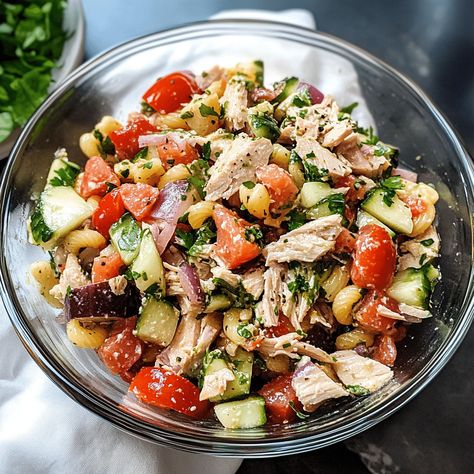 Mediterranean Tuna Salad Meditteranean Tuna Salad, Taverna Salad, Seared Tuna Salad, Lemony Dressing, Tomatoes And Feta Cheese, Mediterranean Pasta Salad, Mediterranean Tuna, Mediterranean Tuna Salad, Tomatoes And Feta