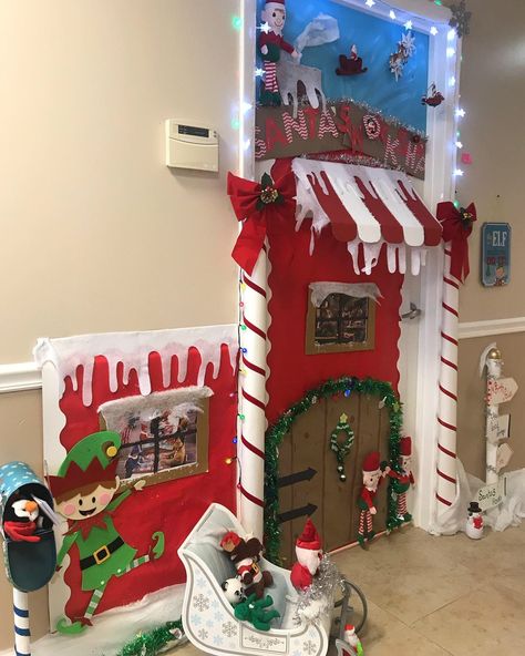 Santas Toy Shop Door Decoration, Elf Movie Classroom Door, Santa’s Workshop Door Contest, Santa's Workshop Door Decorating Contest, Santas Workshop Decorations School, Santa Workshop Door Decorations, Elf Workshop Decorations, Santas Workshop Door Decoration, Hallway Christmas Decorations