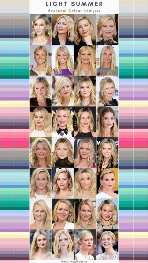 Cool Summer Color Palette Celebrities, Summer Clear Color Palette, Soft Summer Color Palette Celebrities, Amanda Seyfried Color Analysis, Light Summer Color Palette Celebrities, Summer Light Hair Color, Light Summer Color Season, Celebrity Color Analysis, Light Summer Seasonal Color Palette