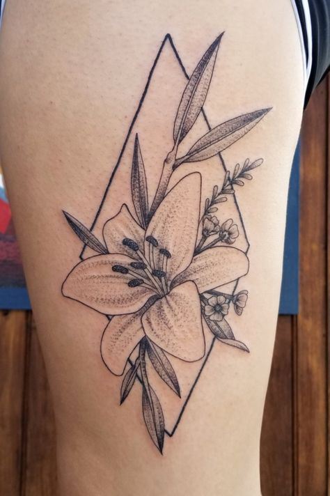 Swords Tattoo, Seven Swords, Stippling Tattoo, Geometric Flower Tattoo, Lillies Tattoo, Lily Flower Tattoos, Tattoo Shading, Dot Tattoos, Ribbon Tattoos