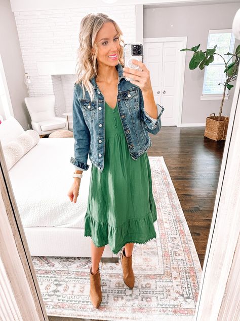 Fall Dress With Jean Jacket, Dress With Booties Fall, Jean Jacket With Dress, Mustard Dress Outfit, Green Fall Dresses, Fall Dresses With Boots, Transition Dress, Sunday Dresses, Straight A