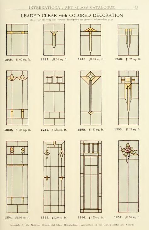 Leaded Glass from International Art Glass Catalogue by National Ornamental Glass Manufacturers Association of the United States and Canada, published in 1914. Arte Art Deco, Stained Glass Doors, Motifs Art Nouveau, L'art Du Vitrail, Stained Glass Door, Motif Art Deco, Verre Design, Glass Art Projects, زجاج ملون