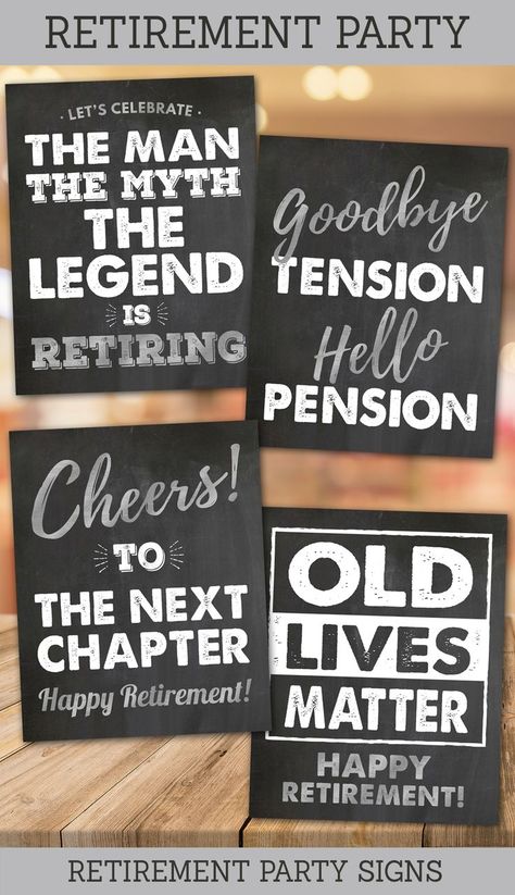 Pack of 4 printable Retirement Party Signs Mans Retirement Party Decorations, Rv Retirement Party Ideas, Retirement Poster Ideas Signs, Retirement Party For Men Decoration, Retirement Chalkboard Sign, Men’s Retirement Party Ideas, Retirement Party Ideas For Men Theme, Retirement Table Decor, Railroad Retirement Party Ideas