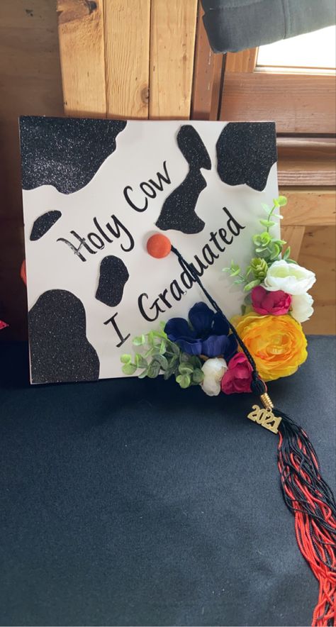 Graduation Cap Cow Designs, Graduation Cap Designs Cow Print, Holy Cow I Graduated Cap, Ffa Graduation Cap Ideas, Graduation Party Ideas Cow Theme, Cow Themed Graduation Cap, Graduation Cap Designs Zach Bryan, Western Grad Party Decorations, Cowgirl Graduation Cap