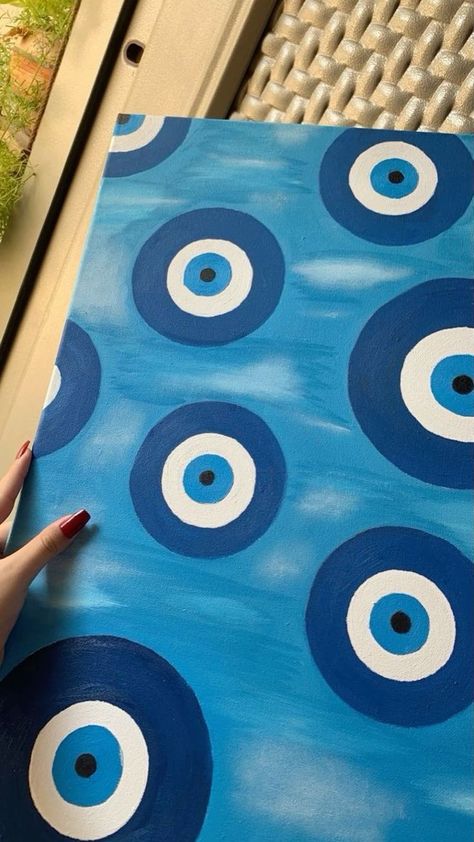 Canvas Painting Ideas Evil Eye, What To Draw With Paint, Basic Canvas Painting Ideas, Art Easy Paint, Evil Eye Art Painting, 444 Painting, Trippy Hippy Painting Ideas, Pretty Painting Ideas, Really Easy Paintings