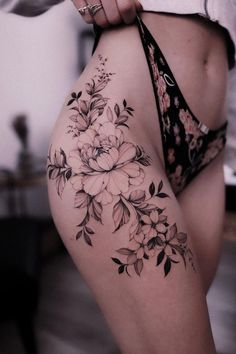 Fawn Tattoo, Floral Hip Tattoo, Tattoo Writing, 42 Tattoo, Valkyrie Tattoo, Floral Thigh Tattoos, Hip Thigh Tattoos, Taurus Tattoos, Hip Tattoos Women