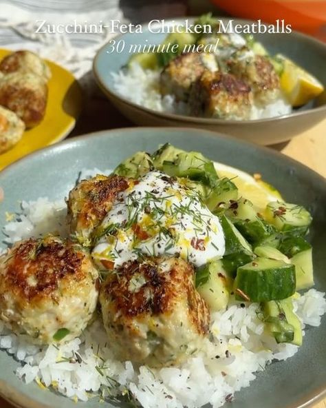 Healthy Food Prep 🌱🍳🥗🍝 on Instagram: "Zucchini-Feta Chicken Meatballs Bowls by @dishingouthealth  This meal was an instant hit and a great use of end-of-summer zucchini. Packed with bright, zesty flavors, and ready in right around 30 minutes.  Zucchini-Feta Chicken Meatballs Bowls SERVES 4  1 lb. ground chicken 1 medium zucchini, grated on a box grater (no need to press out excess moisture) 1/2 cup panko breadcrumbs 1/2 cup crumbled feta 1/3 cup minced yellow onion or shallots 2 Tbsp. finely chopped fresh dill (or parsley) 2 Tbsp. minced fresh jalapeño (optional) 1 tsp. lemon zest 3/4 tsp. kosher salt 3/4 tsp. garlic powder 1/2 tsp. black pepper Extra-virgin olive oil for cooking For serving: cooked white rice and tzatziki  Cucumber-Avocado Salad 1 English cucumber, diced 1 large avoc Meatball Bowls, Olive Oil For Cooking, Healthy Food Prep, Cooked White Rice, Cucumber Avocado Salad, Zucchini Feta, Summer Zucchini, Feta Chicken, Cucumber Avocado