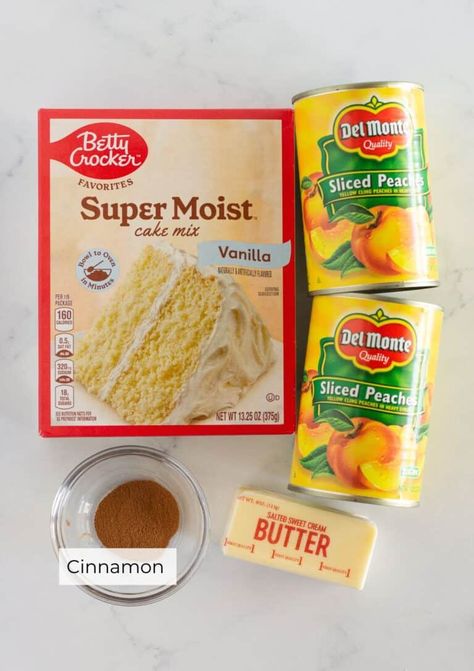 Easy Peach Cobbler with Cake Mix and Canned Peaches - Practically Homemade Peach Cobbler With Cake Mix Yellow, Peach Cobbler Recipe With Cake Mix, Can Peaches Recipes, Can Peach Cobbler, Cake Mix Peach Cobbler, Canned Peach Cobbler Recipe, Peach Desserts Easy, Peach Cobbler Cake, Cake Mix Cobbler