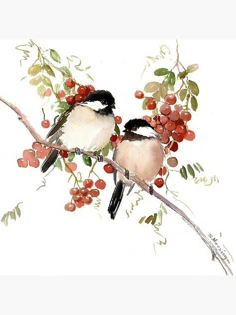 Textured Pictures, Chickadee Painting, Rose Paintings, Fall Berries, Wash Painting, Painting Birds, Chickadee Bird, Watercolor Birds, Chinese Brush