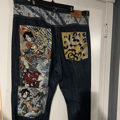 Baggy Y2K Ed Hardy style premium kanji jeans
Size:... - Depop Decorate Jeans Ideas, Decorate Jeans, Y2k Ed Hardy, Ed Hardy Jeans, Jeans Ideas, Baggy Y2k, Ed Hardy, Y2k Streetwear, Jeans Size