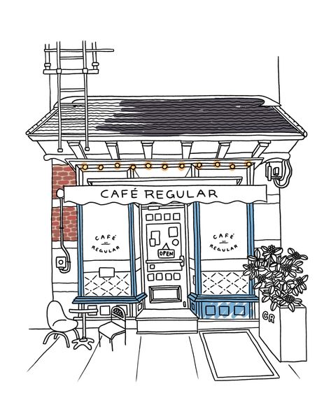 Cafe Sketch Coffee Shop, Cafe Illustration Art, Coffee Shop Drawing, Coffee Shop Illustration, Painting Cafe, Nyc Cafe, Colouring Sheets For Adults, Waterproof Pen, Nyc Print