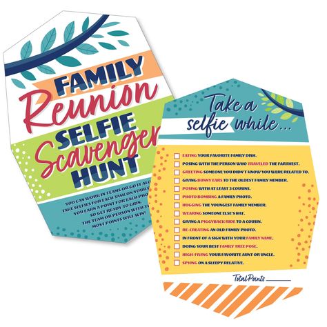 PRICES MAY VARY. Colorful Family Reunion Selfie Scavenger Hunt party game INCLUDES 12 game cards with selfie prompts for either team or individual play at your family gathering party. FUN PARTY GAME: Colorful Family Reunion Selfie Scavenger Hunt game will be enjoyed by all your party guests of all ages. Each game card measures 5” wide x 7” tall and is cut in a fun shape. This game is perfect for playing with friends and family and is the ideal icebreaker at your family gathering party. HOW TO PL Selfie Scavenger Hunt, Scavenger Hunt Party, Scavenger Hunt Games, Reunion Games, Family Reunion Games, Fun Party Games, The End Game, Big Dot Of Happiness, Party Game