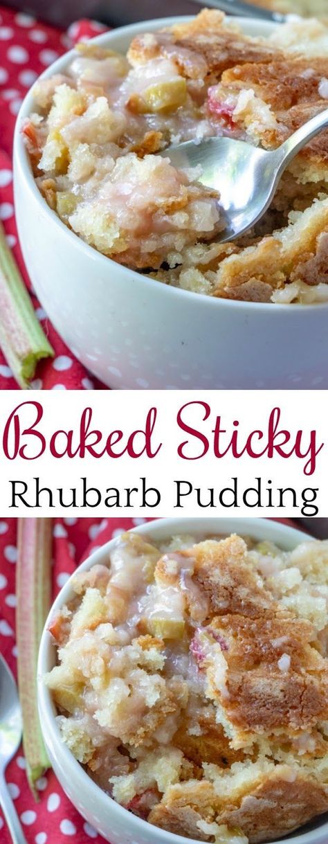 Baked Sticky Rhubarb Pudding Hip Foodie Mom Recipes, Rhubarb Sticky Pudding, Rhubarb Pudding Dessert, Baked Sticky Rhubarb Pudding, Baked Sticky Rhubarb Pudding Recipe, Sticky Rhubarb Pudding, Rhubarb Bread Pudding, Rhubarb Pudding Cake, Rhubarb Pudding