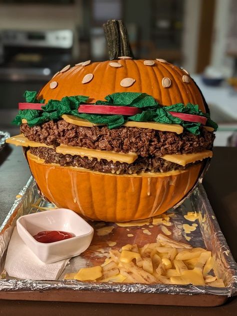 Crafty Fun Group | My 2 pumpkin submissions for our work contest | Facebook Cheeseburger Pumpkin, Pumpkin Decorating Contest, Pumpkin Contest, Halloween Pumpkin Designs, Fun Group, 1st Place, Pumpkin Design, Gardening For Kids, Pumpkin Decorating