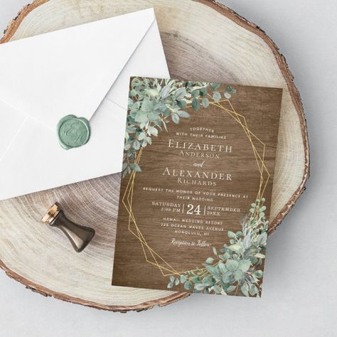 Eucalyptus Greenery Rustic Wood Geometric Wedding Invitation Boho Elegant Wedding, Emerald Wedding Invitations, Rustic Wood Wedding Invitations, Rustic Wedding Attire, Elegant Wedding Design, Wedding Eucalyptus, Western Wedding Invitations, Forest Wedding Invitations, Summer Wedding Reception