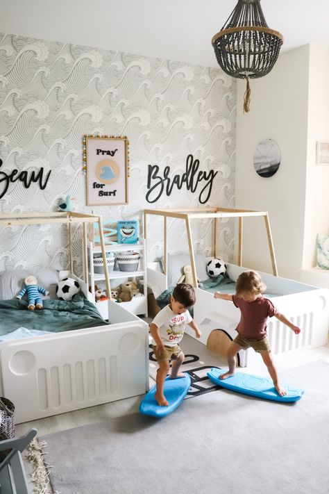 Big Boy Room Ideas, Boy Room Ideas, Twin Boys Bedroom, Toddler Floor Bed, Surf Room, Boy Toddler Bedroom, Boys Bedroom Makeover, Big Boy Bedrooms, Baby Boy Bedroom