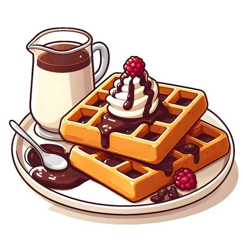 Cute Breakfast Drawing, Cute Dessert Drawings, Waffle Drawing, Waffle Cartoon, Waffle Illustration, Waffle Art, Pancake Drawing, Photo Kawaii, Pancake Art