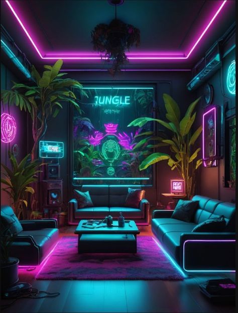 Neon Gaming Room Aesthetic, Cyberpunk Study Room, Cyberpunk Decor Futuristic Interior, Synthwave Aesthetic Room, Cyberpunk Theme Room, Vaporwave Interior Design, Vaporwave Apartment, Vaporwave Office, Synthwave Decor