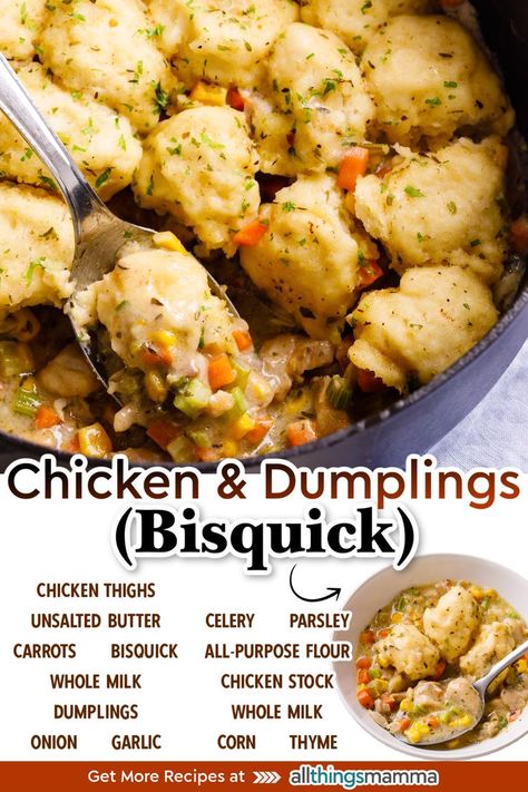 Chicken and dumplings is a classic comfort food dinner perfect for chilly evenings when you’re craving something hearty and satisfying! A creamy veggie-packed chicken stew is topped with fluffy dumplings made with Bisquick. Dumplings Made With Bisquick, Chicken And Bisquick Dumplings, Bisquick Dumplings Recipe, Fluffy Dumpling Recipe, Chicken Stew And Dumplings, Homemade Dumplings Recipe, Bird Recipes, Fluffy Dumplings, Bisquick Chicken