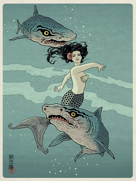 Summer exploration, mermaids and sharks illustration. Shark And Mermaid, Shark Illustration, Mermaid, Humanoid Sketch, Art