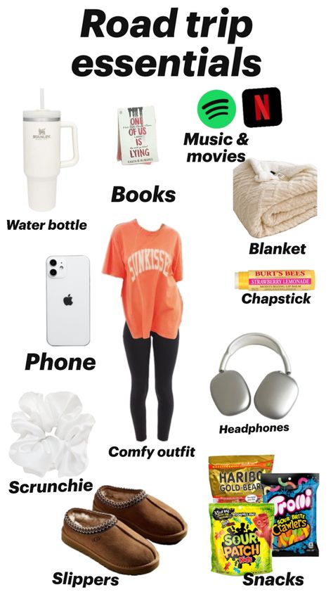 All you need for a long car ride! Long Car Ride Outfits, Car Ride Outfit, Trip Essentials Packing Lists, Road Trip Necessities, Road Trip Bag, Road Trip Kit, Preppy Travel, Airplane Travel Essentials, Road Trip Outfit