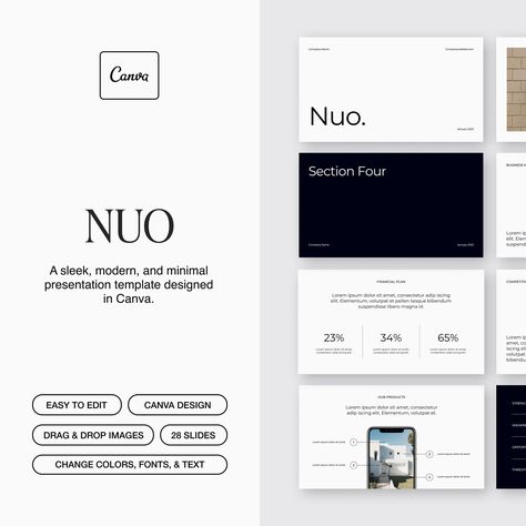 Nuo is a sleek and professional digital presentation template that includes 28 slides. Its clean and minimal design makes it an ideal choice for investment pitch decks, startups, and marketing presentations. Nuo's layout allows you to showcase your ideas in a clear and organized manner. The template is fully customizable, so you can easily change the colors, fonts, and images to match your brand. * 28 slides * Drag & drop images * Easy to change colors, fonts, and images * Graphs, mockups, & ima Investment Pitch Deck, Marketing Deck Design, Sleek Presentation Design, Startup Pitch Deck, Clean Presentation Design, Luxury Presentation Design, Elegant Presentation Design, Minimal Presentation Design, Marketing Presentation Design