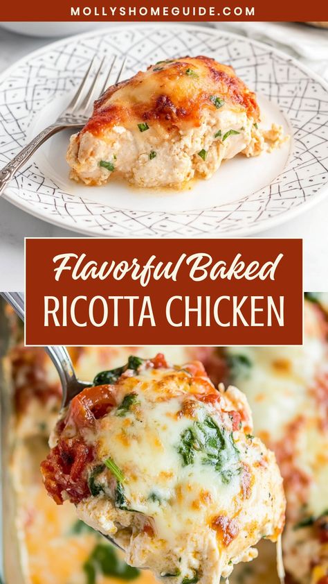 Try this delicious and easy recipe for baked ricotta chicken tonight! This dish combines tender chicken breasts with creamy ricotta cheese, flavorful herbs, and a crispy breadcrumb topping. Baking the chicken keeps it juicy while creating a golden crust on top. It's the perfect dinner option for busy weeknights or when you're craving something comforting and satisfying. Serve this baked ricotta chicken with a side of roasted vegetables or a fresh green salad for a well-rounded meal that your who Baked Chicken Ricotta, Chicken Stuffed With Ricotta Cheese, Breakfast Ricotta Recipes, Use Ricotta Cheese, Ricotta Pesto Chicken, Ricotta Cheese Chicken Recipes, Ricotta Chicken Bake, Dinner Recipes With Ricotta Cheese, Baked Ricotta Recipes