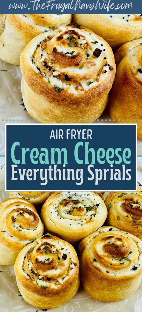 These Air Fryer Cream Cheese Everything Spirals are a delectable bite-sized appetizer that combines creamy filling with a savory exterior. #airfryer #creamcheese #everythingbagel #frugalnavywife #appetizer #easyrecipes #snack | Easy Recipes | Appetizer | Air Fryer Recipes | Savory | Tortilla Cream Cheese Roll Ups Everything Bagel, Cream Cheese Spirals, Everything Bagel Roll Ups, Everything Bagel Appetizer Recipes, Quick Snacks With Cream Cheese, Air Fryer Cream Cheese Roll Ups, Cream Cheese Tortilla Roll Ups Air Fryer, Airfryer Appetizers Easy, Air Fryer Tailgate Food