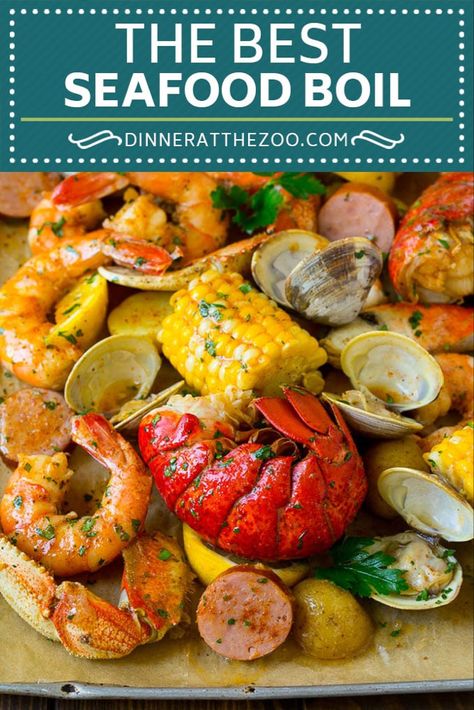 Seafood Boil Recipe | Shrimp Boil #lobster #shrimp #clams #crab #sausage #corn #potatoes #dinner #dinneratthezoo Corn Boil, Seafood Boil Recipe, Seafood Broil, Cajun Seafood Boil, Seafood Boil Party, Potatoes Dinner, Lobster Recipe, Shrimp Boil Recipe, Lobster Boil