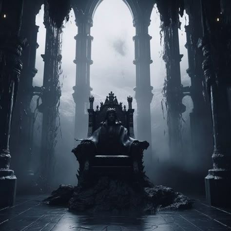 "Monarch of Horror: The King Claims His Throne!" Dark Throne Aesthetic, Ruined Throne Room, King On Throne Art, King Sitting On Throne Pose, Hades Throne, Dark Throne Room, Evil Throne, King On The Throne, Kingdom Throne