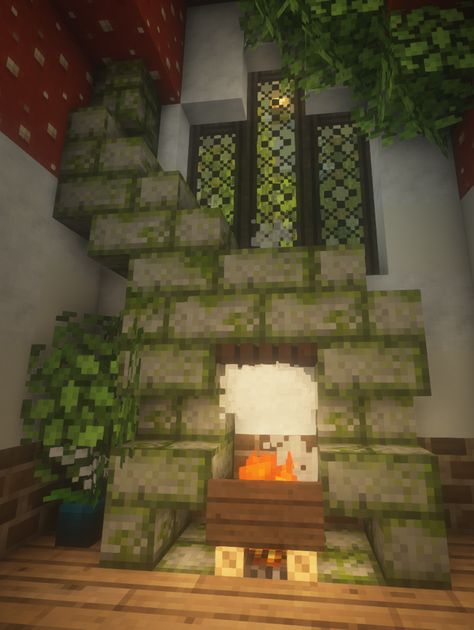 Minecraft Fireplace Ideas Cottage, Minecraft Hobbit Hole Interior, Stone Brick Fireplace, Minecraft Fireplace Design, Cottagecore Fireplace, Hobbit House Minecraft, Minecraft Fireplace Ideas, Enchanting Room Minecraft, Fireplace Minecraft