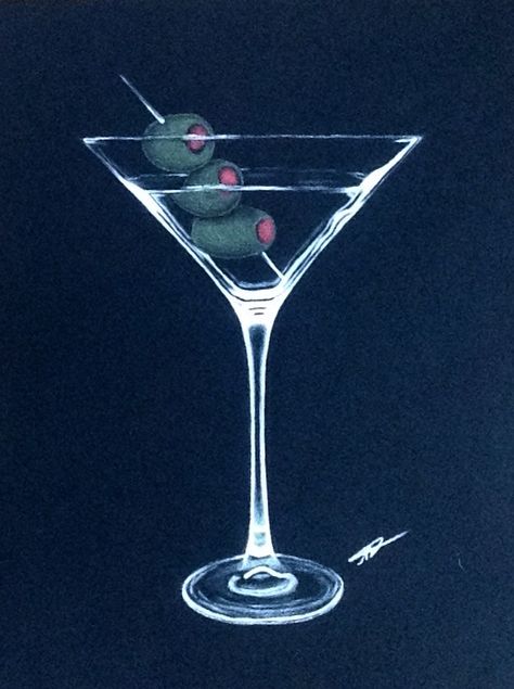 My martini glass drawing done with white charcoal on black paper Martini Glass Poster, Martini Glass Aesthetic, Martini Glass Drawing, Martini Glass Painting, Martini Drawing, Martini Wallpaper, Martini Glass Art, White Charcoal On Black Paper, Martini Painting