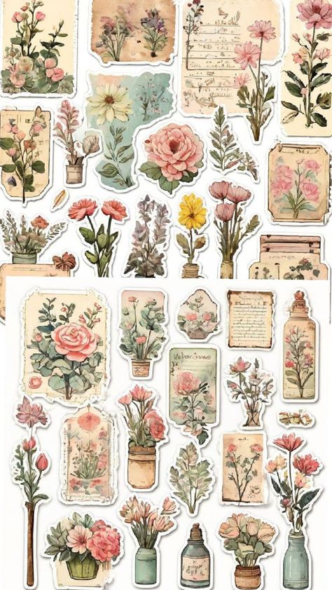 Vintage Aesthetic Stickers Printables, Bible Journal Stickers, A4 Sticker, Vintage Paper Printable, Sheet Design, Printable Sticker Sheets, Printable Vintage Art, Scrapbook Flowers, Scrapbook Printing