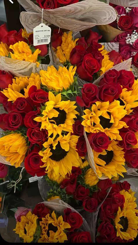 A mix of yellow sunflowers and red roses Sunflower And Rose Aesthetic, Sunflower And Rose Wallpaper, Red Yellow Flower Arrangements, Sunflower And Roses Wallpaper Iphone, Sunflowers And Roses Aesthetic, Sunflowers And Roses Wallpaper, Sunflower Roses Bouquet, Sun Flowers And Roses, Yellow And Red Aesthetic