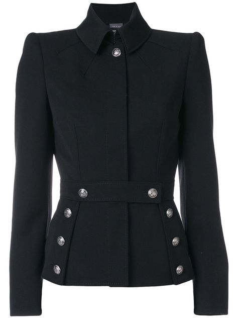 Alexander McQueen Military Jacket in NavyMilitary-inspired peplum jacket in light wool silk. Metal mythical de Goth Jacket, Military Inspired Fashion, Gothic Jackets, Military Inspired Jacket, Jackets Black, Navy Military, Military Style Jackets, Blazer Designs, Military Inspired