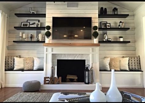 Family Room Basement, Built In Around Fireplace, Fireplace Seating, Built In Shelves Living Room, Living Room Built Ins, Fireplace Shelves, Basement Family Room, Fireplace Built Ins, Family Room Fireplace