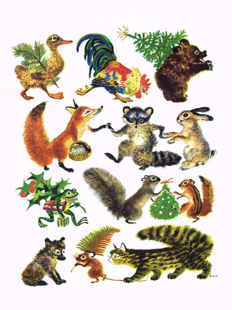 by Feodor Rojankovsky; a vintage American Artists Christmas card Animal Illustration Vintage, Feodor Rojankovsky, Cute Christmas Animals, Retro Ephemera, Christmas Critters, Clipart Animals, Japan Illustration, Richard Scarry, Holiday Graphics