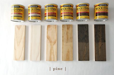 How 6 Different Stains Look On 5 Popular Types of Wood Color Wood Stain, Floor Stain Colors, Minwax Stain Colors, Wood Floor Stain Colors, Minwax Dark Walnut, Jacobean Stain, Stain On Pine, Minwax Stain, Floor Stain